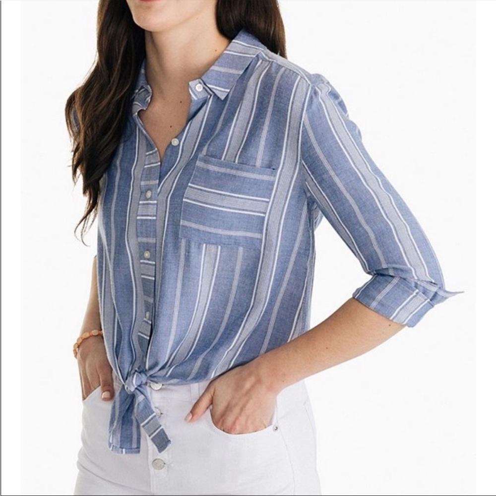 Southern Tide Blue Striped Button-down Tie-Front Top, Size XL